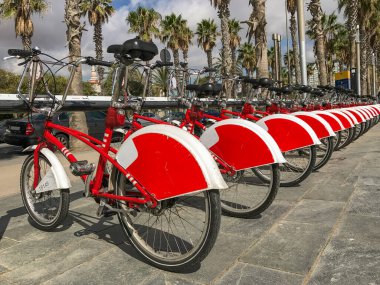 İspanya, Barcelona 'da bir ara sokakta kiralanan bir dizi bisiklet kırmızıya boyandı