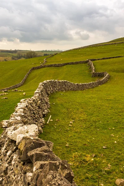 Paredes de pedra seca serpente seu caminho para os campos distantes no Yorkshire Moors perto de Malham, North Yorkshire — Fotografia de Stock