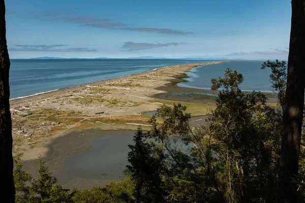 A view out to Dungeness Spit covered with driftwood on the north coast of the Olympic Peninsula in Washington along the Strait of Juan de Fuca in Dungeness National Wildlife Refuge — Stock Photo, Image