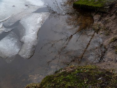 Çatlamış yüzen buz kütleleri olan bir su deposunun bahar kıyılarının grafiksel kaynak arkaplan resmi. Su, katı bir kümelenme halinde. Suyun yüzeyinde buz sürükleniyor..