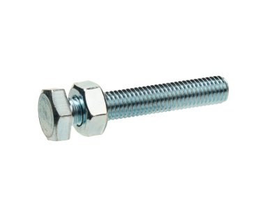 Graphic resources isolated object steel, metal, chrome-plated bolt with nut. Hardware construction. For rigid fastening of parts.