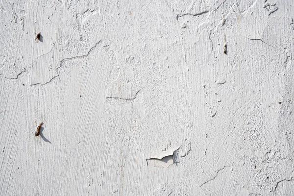 Background image of a white wall. The white paint is cracked. Old concrete wall in the cracks. Texture of the painted wall. Wallpaper. Text space. Detailed texture. Texture for interior and exterior.