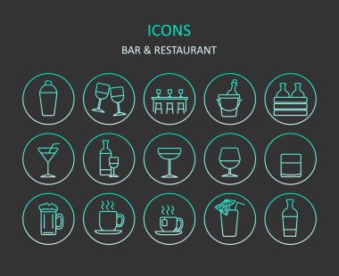 Web simgeleri. Çubuk gradyan çizgi simgeleri kümesi. Uygulamalar ya da web siteleri için restoran sembolleri. Vektör