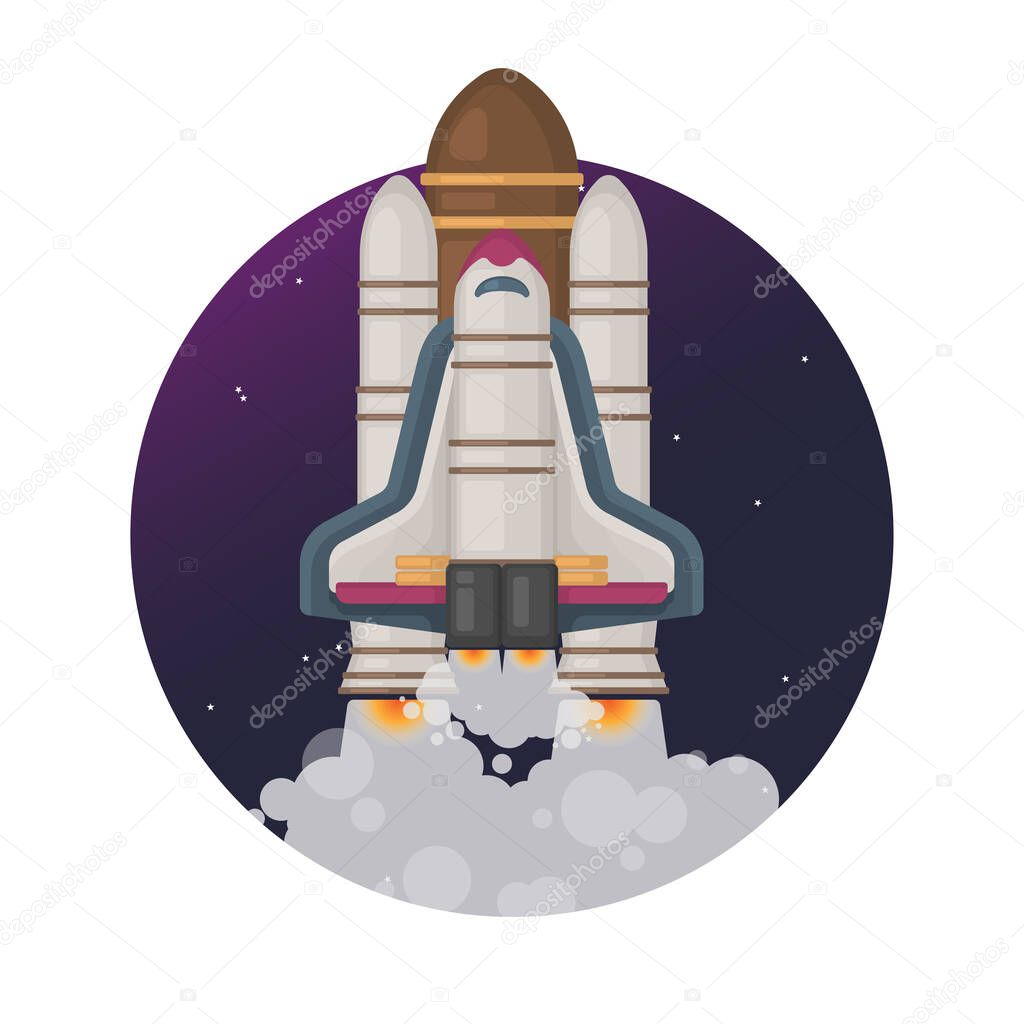 Start up. Flying rocket around of the galaxy. Rocketship flat illustration. Vector.