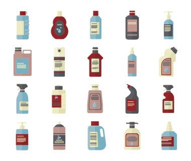 Bir sürü dezenfektan şişe vektör çizimleri. Antiseptik düz simge tasarımı.