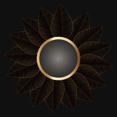 Siyah yapraklı dekoratif altın yuvarlak çerçeve. Lüks çiçekli mandala. Oryantal dairesel klasik illüstrasyon. Arapça, İslami, Fas, Asyalı, Hint yerlisi Afrika motifi.