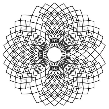Mandala şeklinde dairesel desen. Etnik doğu tarzında dekoratif süs. Boyama kitabı sayfası. Siyah beyaz çerçeve. Arapça, İslami, Fas, Asyalı, Hint yerlisi Afrika motifi.