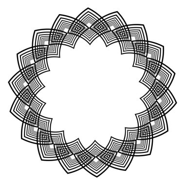 Mandala şeklinde dairesel desen. Etnik doğu tarzında dekoratif süs. Boyama kitabı sayfası. Siyah beyaz çerçeve. Arapça, İslami, Fas, Asyalı, Hint yerlisi Afrika motifi.