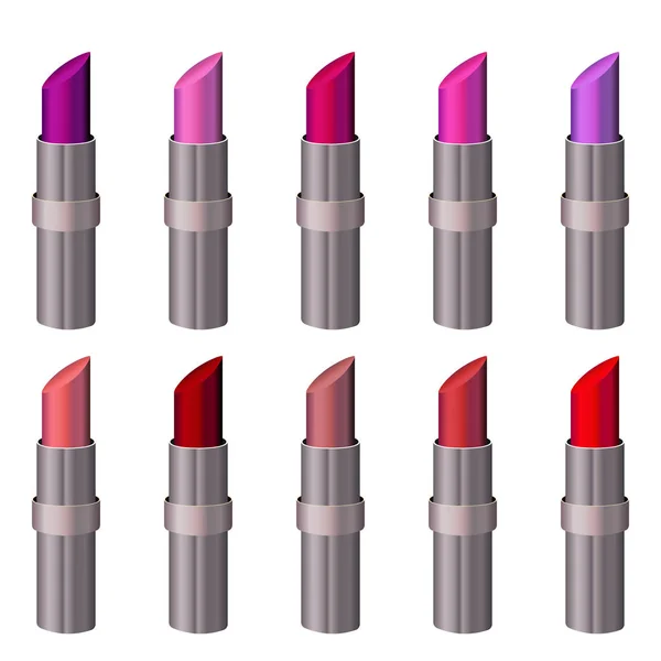 Stylish Lipstick Isolated White Background Set Decorative Cosmetics Flat Multicolored — 스톡 벡터