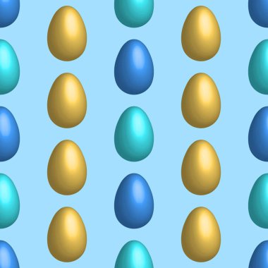 Happy Easter seamless pattern with golden and blue eggs on color background. Design for card, postcard, wallpaper, posters. 3d vector stock illustration. Cartoon style.