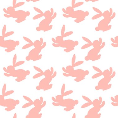 Pembe siluetli kusursuz desenli Paskalya tavşanları ve beyaz arka planda havuç. Kart, kartpostal, duvar kağıdı, posterler için tasarım. Vektör hisse senedi çizimi. Çizgi film biçimi. 