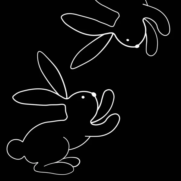 Easter Rabbits White Outline Isolated Black Background Line Drawing Funny — Stock Vector
