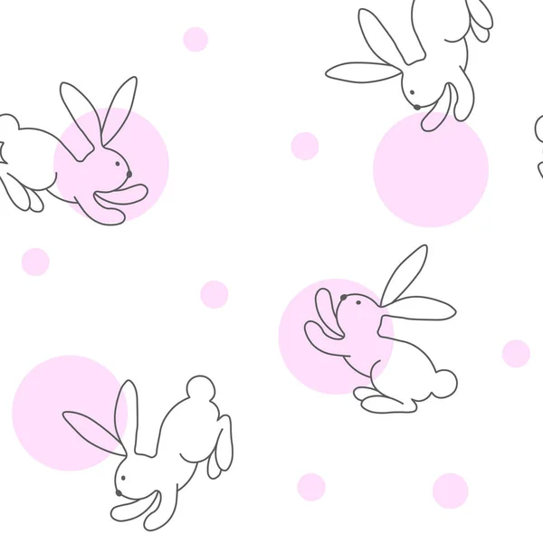 Seamless Pattern Easter Rabbits Pink Circles White Background Line Drawing — Stock Vector