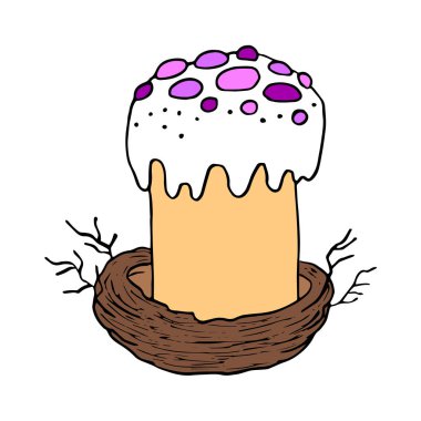 Kuş yuvasındaki Paskalya pastası beyaz arka planda izole edilmiş. El çizimi Mutlu Paskalyalar sembolü. Tabağında mum olan paskalya pastası. Vektör hisse senedi çizimi, şablon tasarımı. Tatil tatlısı. Kek tarzı..