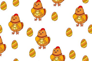 Rengarenk paskalya tavuğu ve beyaz arka planda yumurtaları olan kusursuz bir desen. Komik tavuk çizimi. Çocuklar için hayvan karakteri, oyuncak, dükkan, ikon, poster, kart, tekstil, kumaş. Çizgi film biçimi.