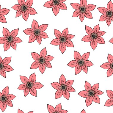 Beyaz arka planda pembe çiçekli, çiçeksiz tatil deseni. Kumaş, tekstil, duvar kağıdı, posterler, kart için vektör çizimi. Bahar ve yaz soyut illüstrasyon. 