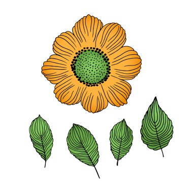 Spring coorful vector illustration with orange flowers and green leaves. Doodle style. Template design for fabric, textile, wallpaper, posters, card, postcard, paper. Holiday print.