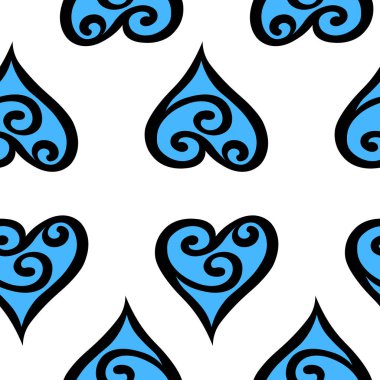 Beyaz arka planda mavi süslemeli, kusursuz desen. Sevgililer Günü için tasarım, düğün, doğum günü, anneler günü. Posterler, kartpostallar, kartpostallar, kumaşlar için sevgi vektör stoku çizimi.  