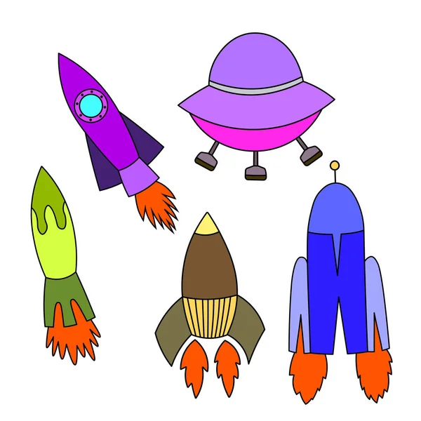 Set Colorido Lindo Dibujos Animados Volando Cohetes Lanzadera Vector Stock — Vector de stock