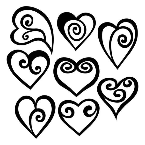 Black Hand Drawn Ornate Hearts Design Elements Valentine Day Wedding — 图库矢量图片