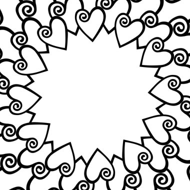 Beyaz arka planda dekoratif yuvarlak çerçeve. Davetiye, poster, kart, kartpostal için siyah beyaz bir illüstrasyon. Sevgililer Günü için şablon tasarımı, düğün, doğum günü, Anneler Günü.