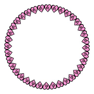 Süslü pembe kalpli dekoratif yuvarlak çerçeve. Sevgililer Günü için şablon tasarımı, düğün, doğum günü, Anneler Günü. Kumaş, duvar kağıdı, poster, kart, kartpostal için izole vektör çizimi.