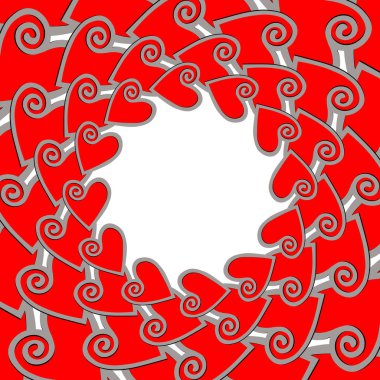 Süslü, kırmızı ve beyaz kalpli dekoratif çerçeve. Sevgililer Günü için tasarım, düğün, doğum günü, anneler günü. Kumaş, duvar kağıdı, poster, kart, kartpostal için vektör illüstrasyonu.