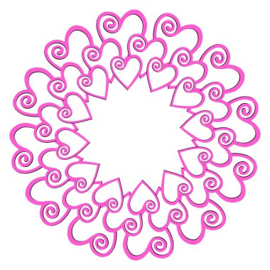 Süslü, pembe ve beyaz kalpli dekoratif çerçeve. Sevgililer Günü için tasarım, düğün, doğum günü, anneler günü. Kumaş, duvar kağıdı, poster, kart, kartpostal için vektör illüstrasyonu.