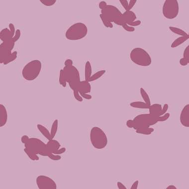 Paskalya tavşanları ve pembe arka planda Paskalya yumurtaları olan kusursuz bir desen. Kart, kartpostal, duvar kağıdı, poster, kumaş, tekstil tasarımları. Vektör hisse senedi çizimi. Doodle tarzı. 