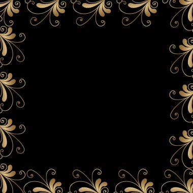 Çiçekli süslemeli soyut altın çerçeve. Web sayfası, dokular, kart, poster için şablon deco tasarımı. Modern stil lüks siyah arka plan. Boşluğu kopyala.