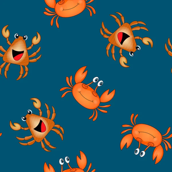 Mavi arka planda sevimli turuncu yengeç desenleri var. Vektör hayvanlar renkli çizimler. Kartlar, duvar kâğıtları, tekstil, kumaş, anaokulu için sevimli bir karakter. Çizgi film biçimi.