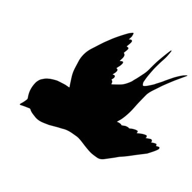 Çizgi roman yutma silueti. Uçuş ikonunda şirin bir kuş. Beyaz arkaplanda vektör çizimi izole edildi. Karalama tarzında siyah çizgiler. Davetiye, poster, kart, web için şablon tasarımı. 