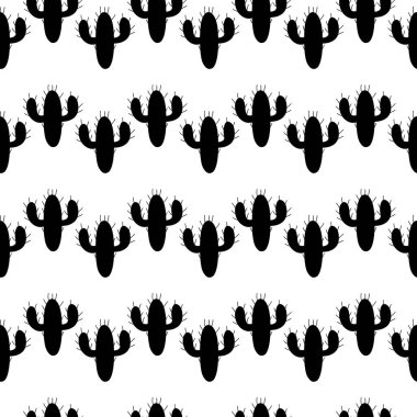 Beyaz arka planda siyah kaktüs silueti olan çiçeksiz desen. Çizgi film tarzı karalamalar. Kumaş, tekstil, duvar kağıdı, kumaş ve tekstil için vektör çizimi. El çizimi tasarımı.