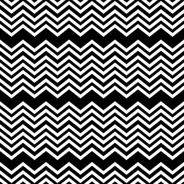 Siyah ve beyaz arka planda geometrik zigzag süsleme desenleri var. Stok vektör çizimi. Davetiye, kart, kumaş ve tekstil için şablon tasarımı.