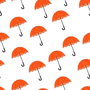 Sonbahar, beyaz arka planda turuncu şemsiyeli, pürüzsüz desen. Davetiye, poster, kart, kumaş ve tekstil için moda vektör çizimi. Doodle tarzı. 