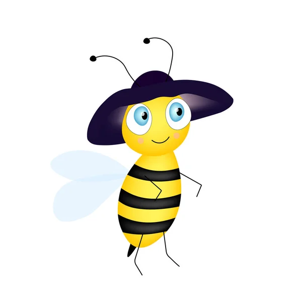Maskot Lebah Lucu Kartun Lebah Ceria Dengan Topi Karakter Vektor - Stok Vektor