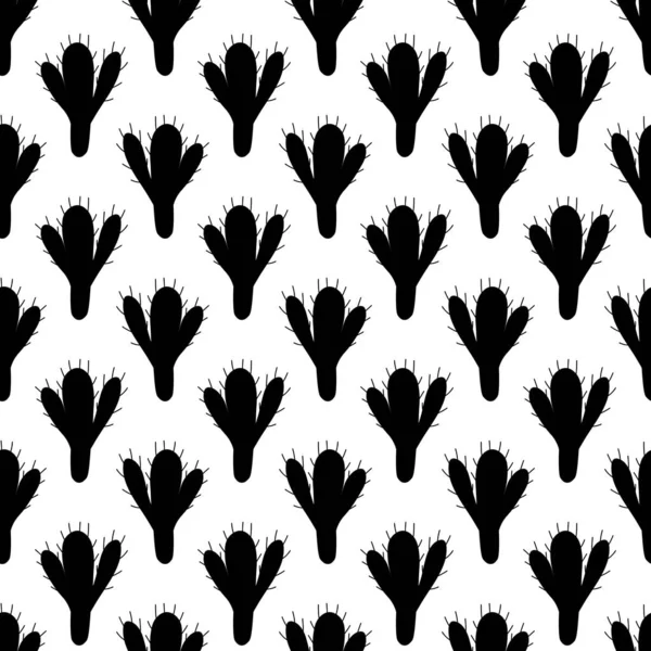 Bloemen Naadloos Patroon Met Zwarte Cactus Silhouet Witte Achtergrond Cartoon — Stockvector
