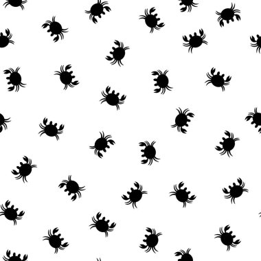Beyaz arka planda sevimli siyah yengeç silueti olan kusursuz bir desen. Vektör hayvanlar çizimi. Kartlar, duvar kâğıtları, tekstil, kumaş, anaokulu için sevimli bir karakter. Çizgi film biçimi.