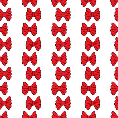 Beyaz arka planda sevimli kırmızı kurdeleli kusursuz desen. Zarif hediye yay silueti. Sürpriz için tasarım, kutlama etkinliği, hediyeler, doğum günü, Noel. Doodle tarzı.