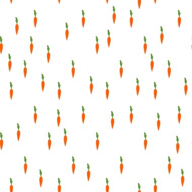 Beyaz arka planda havuç deseni var. Kart, kartpostal, duvar kağıdı, poster, kumaş, tekstil tasarımları. Vektör hisse senedi çizimi. Çizgi film biçimi. 