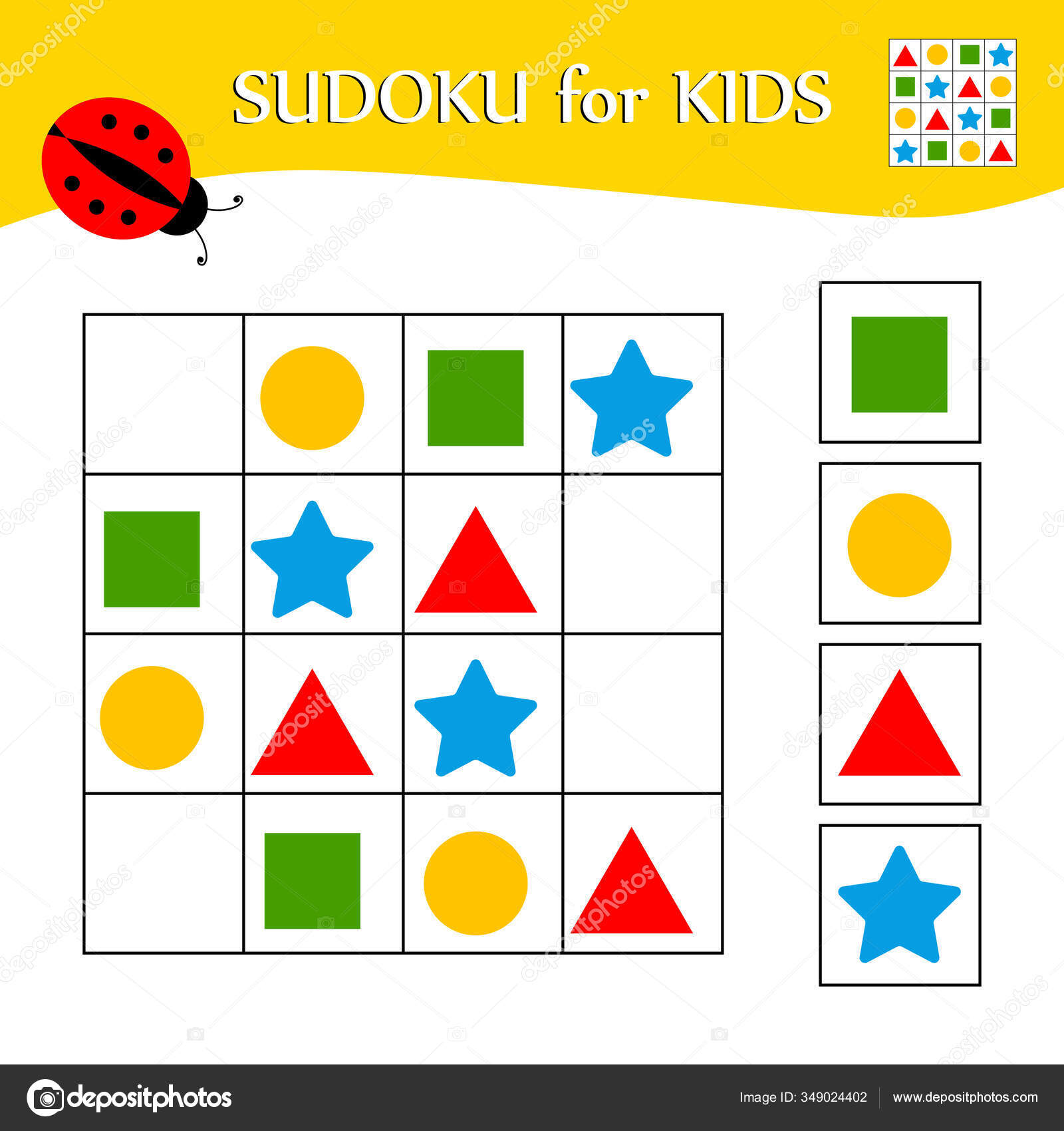 Jogo de educação para crianças, círculo de forma geométrica de tabela lógica  e planilha para impressão em estrela