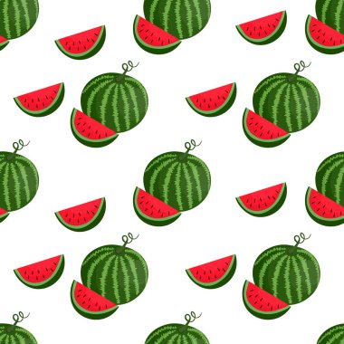 Beyaz arka planda karpuz deseni var. Rengarenk meyveli yaz illüstrasyonu. Yemek konsepti. Davetiye, poster, kart, kumaş, tekstil için vektör baskısı.