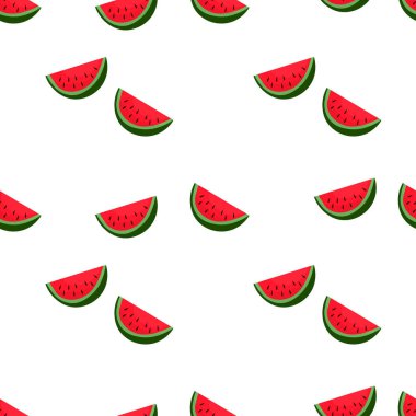 Beyaz arka planda karpuz dilimi olan kusursuz desen. Rengarenk meyveli yaz illüstrasyonu. Yemek konsepti. Davetiye, poster, kart, kumaş, tekstil için vektör baskısı.