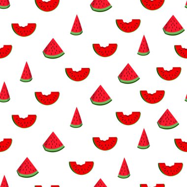 Beyaz arka planda karpuz dilimi olan kusursuz desen. Rengarenk meyveli yaz illüstrasyonu. Yemek konsepti. Davetiye, poster, kart, kumaş, tekstil için vektör baskısı.