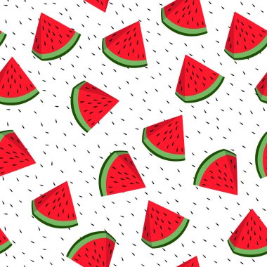 Beyaz arka planda karpuz dilimi olan kusursuz desen. Rengarenk meyveli yaz illüstrasyonu. Yemek konsepti. Davetiye, poster, kart, kumaş, tekstil için vektör baskısı.