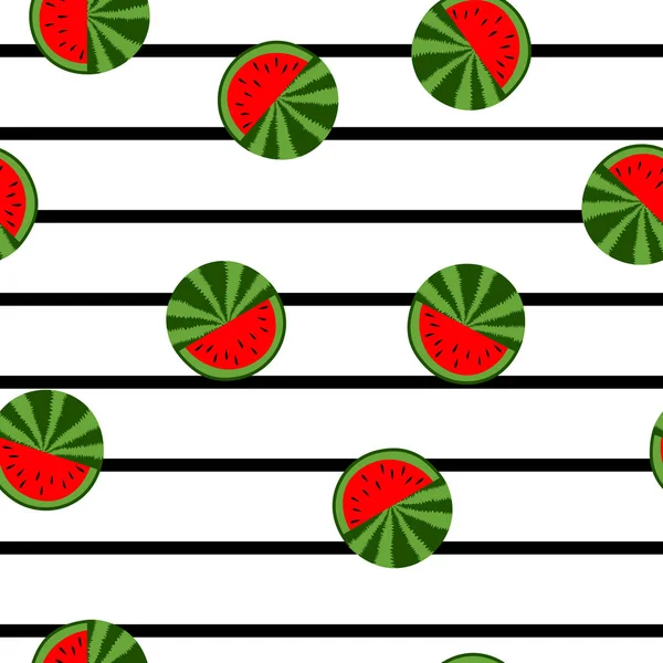 Nahtloses Muster Mit Wassermelonenscheibe Auf Schwarz Weiß Gestreiftem Hintergrund Sommer — Stockvektor