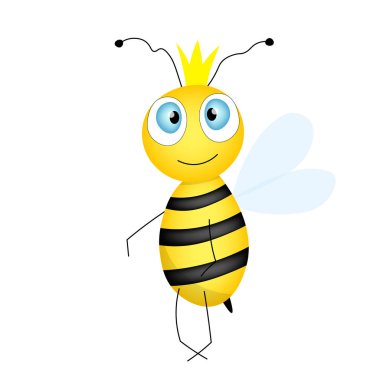 Çizgi film sevimli arı maskotu. Taçlı neşeli bir arı. Vektör karakter. Böcek simgesi. Davetiye için tasarım şablonu, tebrik kartı, duvar kağıdı, anaokulu. Doodle tarzı. Küçük prens..