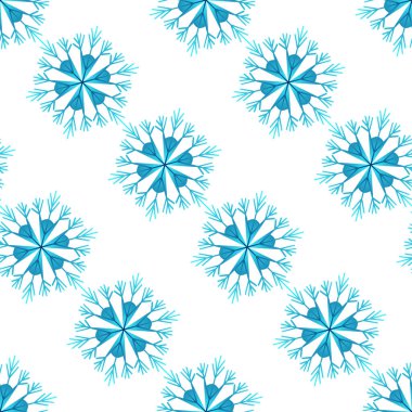 Beyaz zemin üzerinde mavi gradyan kar taneleri olan kışın pürüzsüz deseni. Kumaş, tekstil duvar kağıdı, posterler, hediye ambalaj kağıdı için renkli vektör çizimi. Noel vektör illüstrasyonu. 