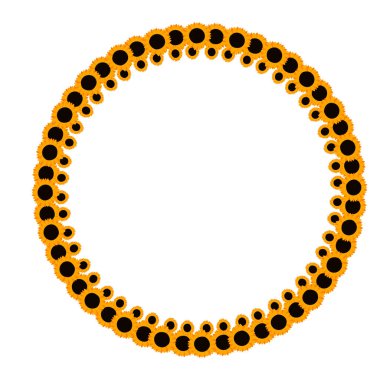 Beyaz arka planda turuncu ayçiçekleri olan renkli yuvarlak bir çerçeve. Düz stil. Tasarımınız için çiçekli şablon sınırı. Vektör illüstrasyonu.