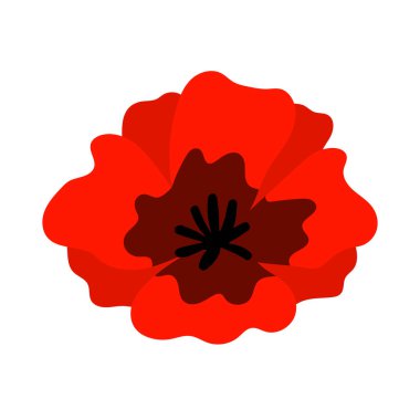 Beyaz arka planda izole edilmiş renkli kırmızı haşhaş. Çizgi film tarzı. Kumaş, tekstil, poster, kart, kağıt tasarımı. Düz soyut çiçek. Vektör çizimi. Çiçek sembolü. Yaz simgesi.